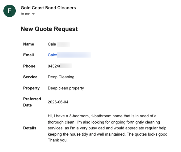 Real customer quote request delivered to your inbox